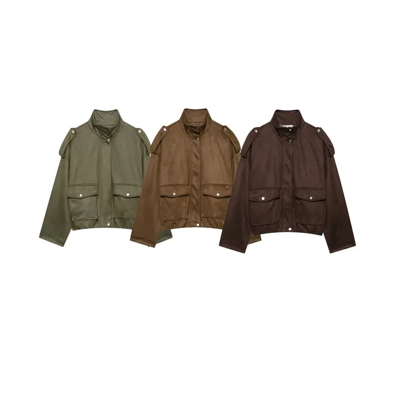 Damen Cropped Field-Jacke in Wildlederoptik mit Stehkragen, Schulterklappen und großen Pattentaschen Drune