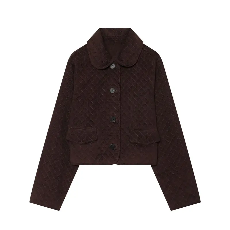 Damen Cropped gesteppte Cordjacke mit abgerundetem Kragen und Pattentaschen Drune