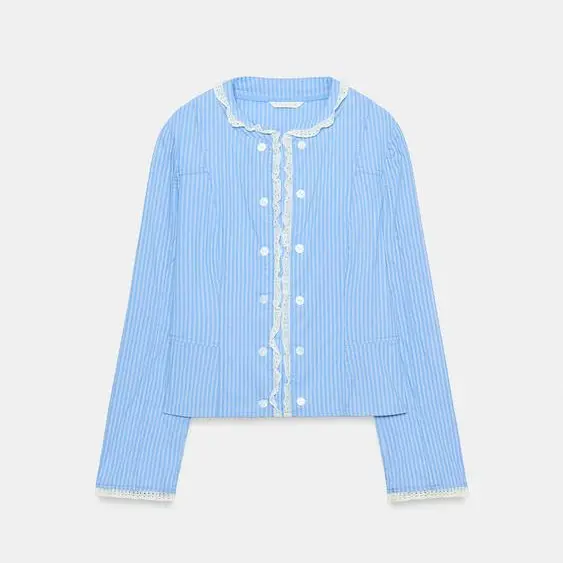 Damen Cropped gestreifte Baumwoll‑Blusenjacke mit Spitzenbesatz und doppelter Knopfleiste Drune