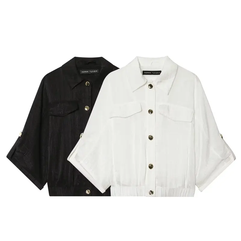 Damen Cropped-Hemdenbluse mit Fledermausärmeln, Brusttaschen und elastischem Taillenbund Drune