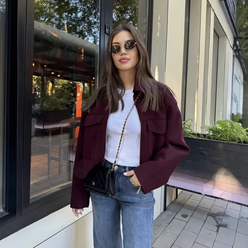 Damen Cropped-Hemdjacke aus Bouclé mit Boxy-Schnitt und Fronttaschen Drune