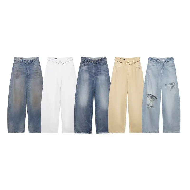 Damen Cropped-Jeans mit weitem Bein, hoher Taille und Used-Waschung Drune