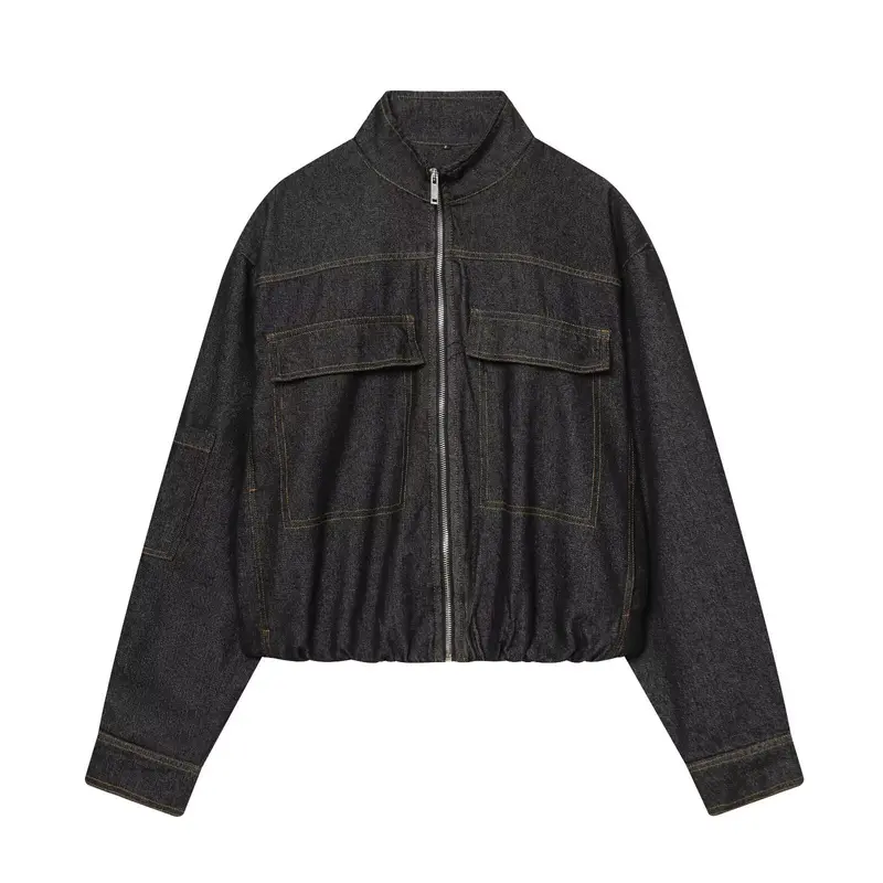 Damen Cropped Jeans-Utility-Jacke mit Reißverschluss, Stehkragen und elastischem Saum Drune