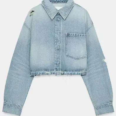 Damen Cropped Jeansjacke im Boxy‑Cut mit fransigem Saum und aufgesetzter Brusttasche Drune