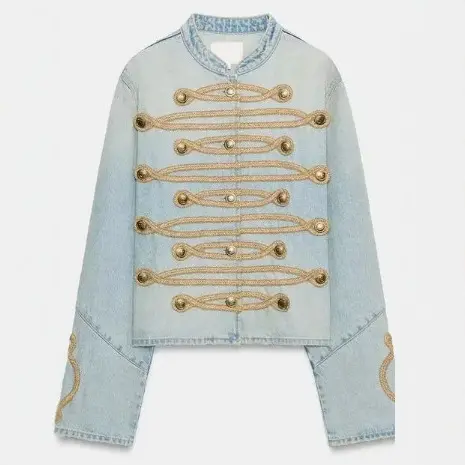 Damen Cropped-Jeansjacke im Military‑Stil mit dekorativer Kordelapplikation Drune