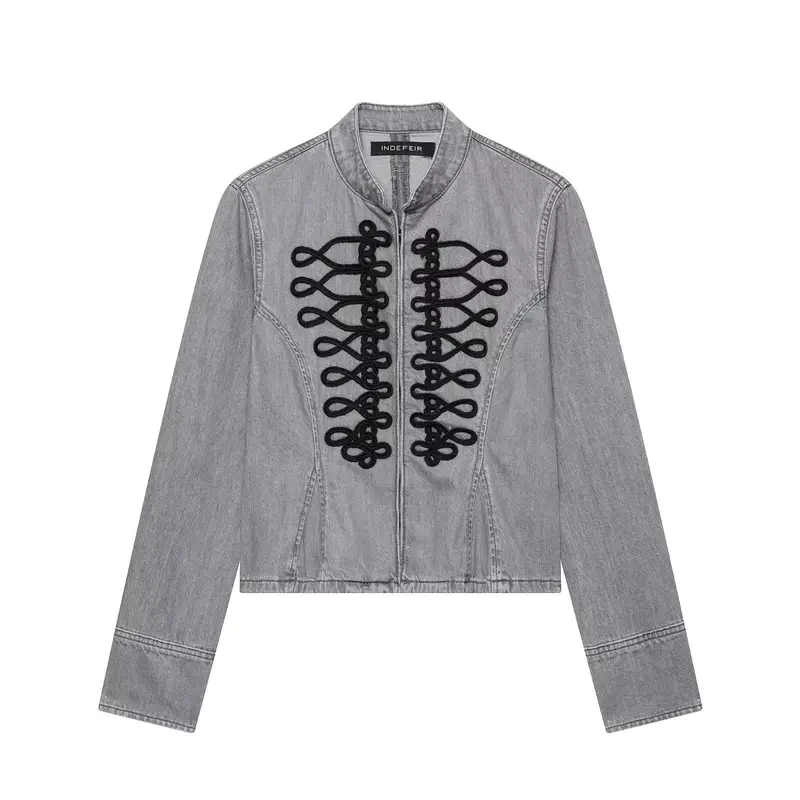 Damen Cropped Jeansjacke mit Mandarin‑Kragen und dekorativen Zierknoten Drune