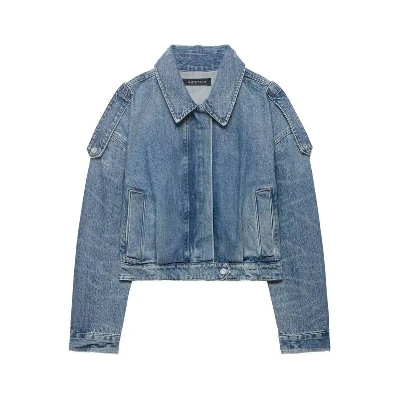 Damen Cropped Jeansjacke mit Schulterklappen, verdeckter Knopfleiste und boxy Silhouette Drune