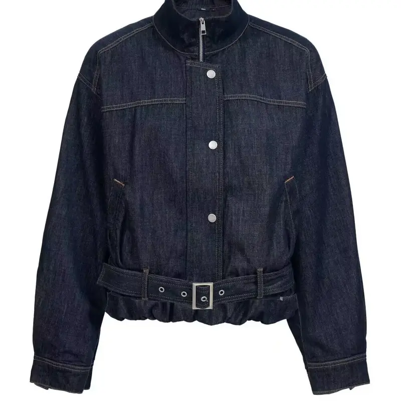 Damen Cropped Jeansjacke mit Stehkragen, Taillengürtel und elastischem Saum Drune