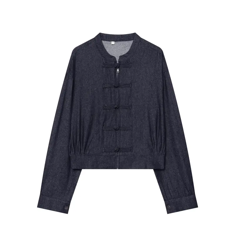 Damen Cropped Jeansjacke mit Stehkragen und chinesischen Knebelverschlüssen Drune