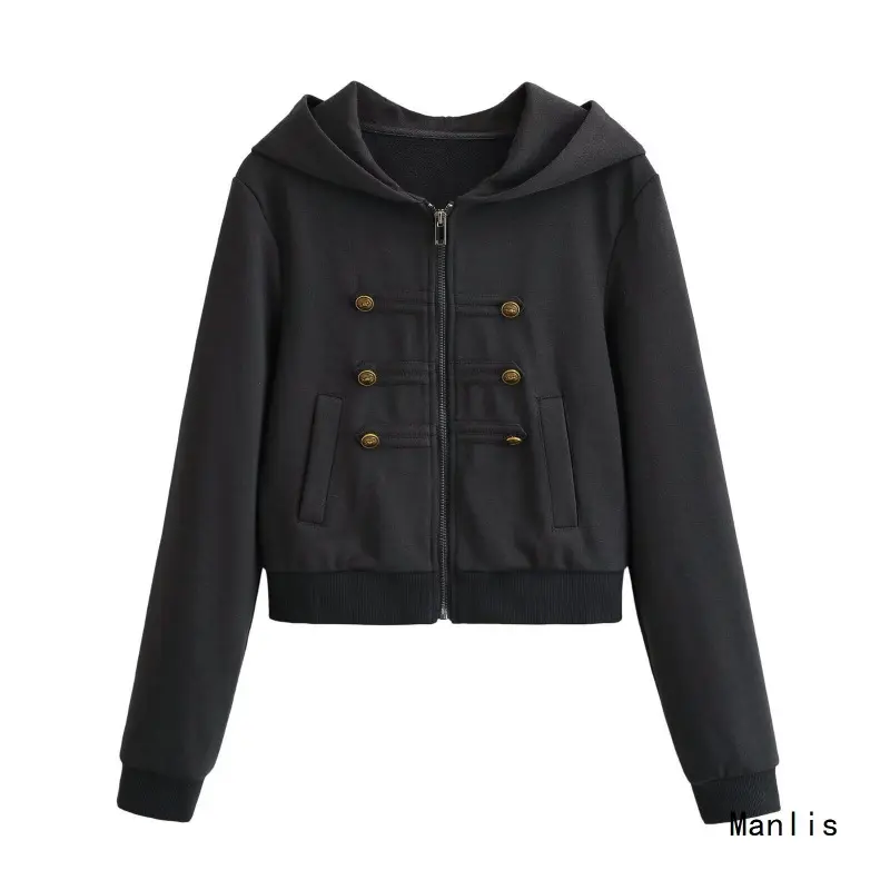 Damen Cropped Kapuzenblouson im Military‑Look mit Zierknopfleiste und geripptem Saum Drune
