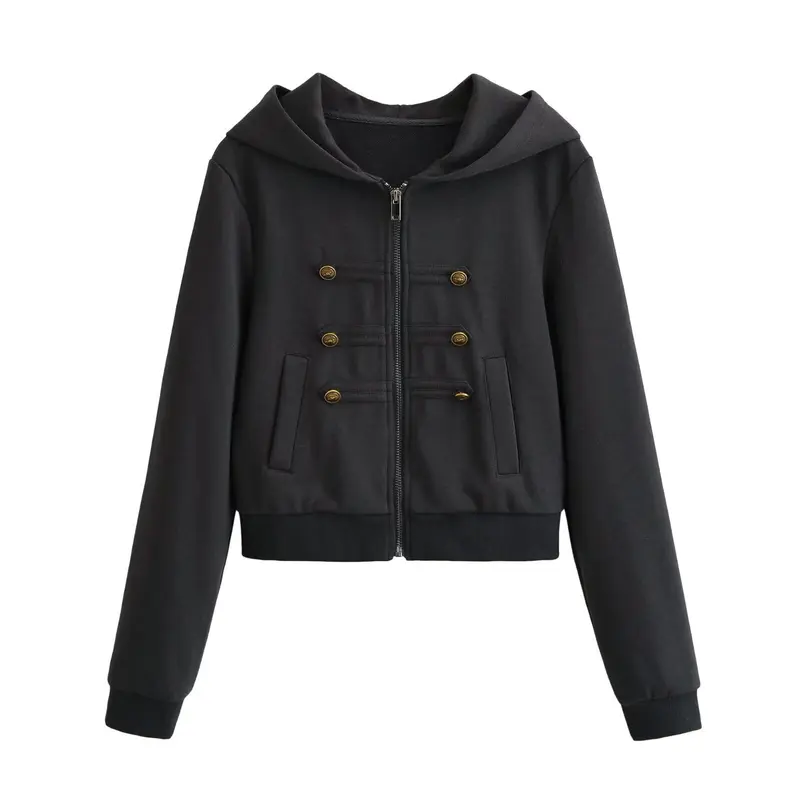 Damen Cropped Kapuzenblouson mit dekorischer Doppelreihe und verdecktem Reißverschluss Drune