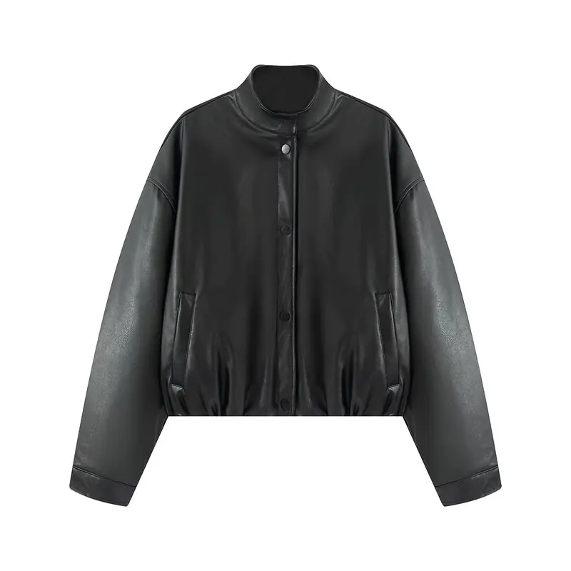 Damen Cropped Kunstleder‑Bomber mit Stehkragen, Druckknopfleiste und elastischem Bund Drune