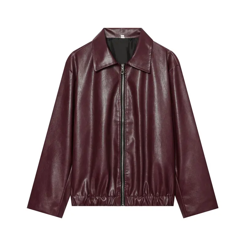 Damen Cropped Kunstleder-Bomberjacke mit Hemdkragen und elastischem Saum Drune