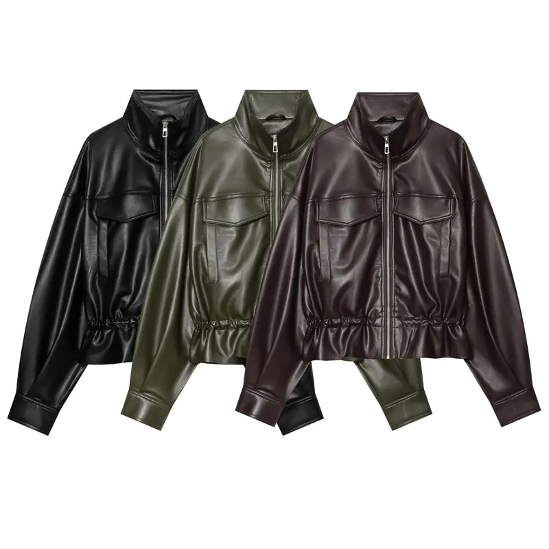 Damen Cropped Kunstlederjacke mit hohem Stehkragen, aufgesetzten Brusttaschen und Tunnelzug-Taille Drune