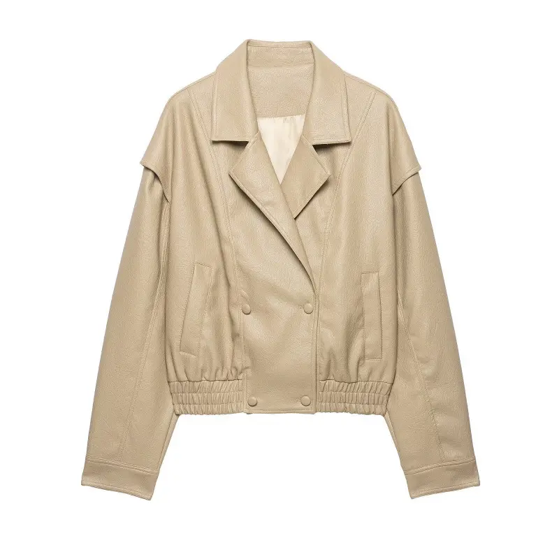 Damen Cropped Lederimitat-Blouson mit doppelreihiger Knopfleiste, weitem Revers und elastischem Saum Drune