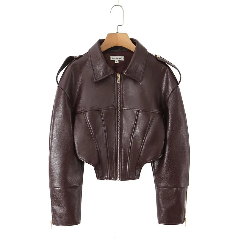 Damen Cropped-Lederjacke mit taillierter Korsett-Optik, Schulterriegeln und Reißverschluss Drune