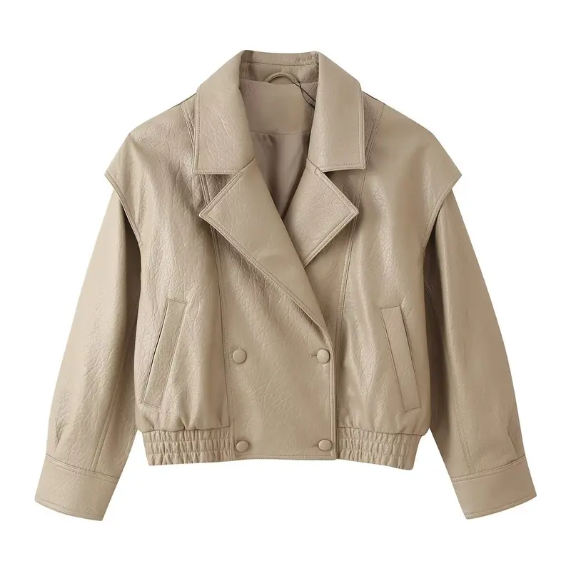 Damen Cropped Lederoptik‑Blouson mit Doppelreihe, elastischem Saum und Oversize‑Revers Drune