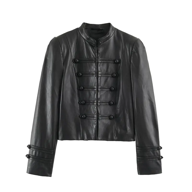 Damen Cropped-Lederoptik-Jacke im militärisch inspirierten Design mit Stehkragen und Zierdöbeln Drune