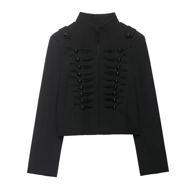 Damen Cropped Militärblazer mit Stehkragen und dekorativen Froschverschlüssen Drune