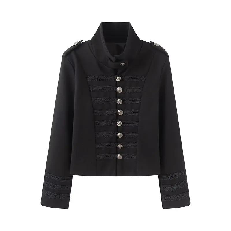 Damen Cropped Militärblazer mit Stehkragen, Zierkordeln und Metallknöpfen Drune