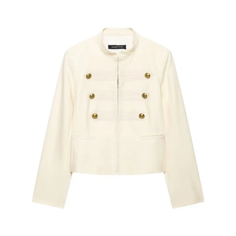 Damen Cropped Militärblazer mit Stehkragen, Zierstreifen und goldenen Statementknöpfen Drune