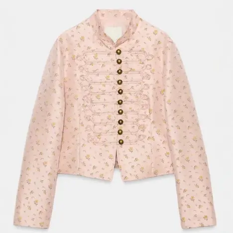 Damen Cropped Militärblouson mit Mandarinkragen, Zierkordeln und floraler Webstruktur Drune