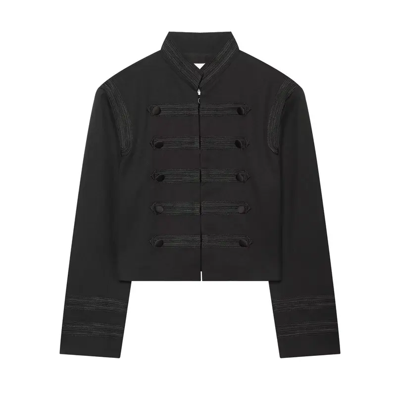 Damen Cropped‑Militärblouson mit Stehkragen, Zierborten und dekorativen Knopfdetails Drune