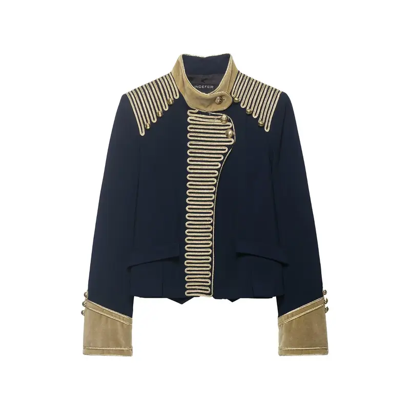 Damen Cropped Militärjacke im Parade‑Look mit goldener Kordelverzierung und Samtmanschetten Drune