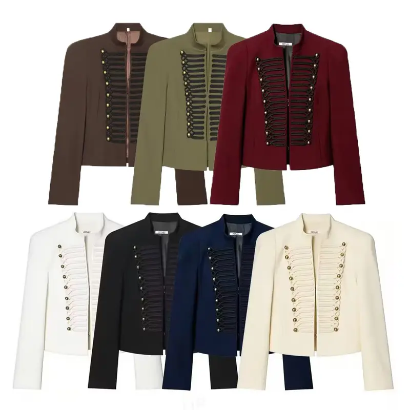Damen Cropped Military-Blazer mit ornamentaler Kordelverzierung und Stehkragen Drune