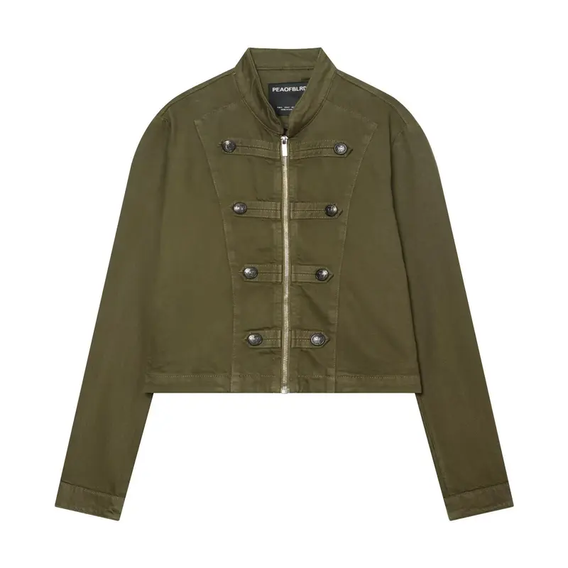 Damen Cropped Military‑Jacke mit Stehkragen, Zierknöpfen und Reißverschluss Drune