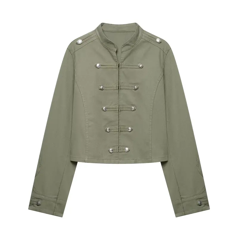 Damen Cropped Offiziersjacke im Military‑Look mit Stehkragen und dekorativen Druckknopfleisten Drune