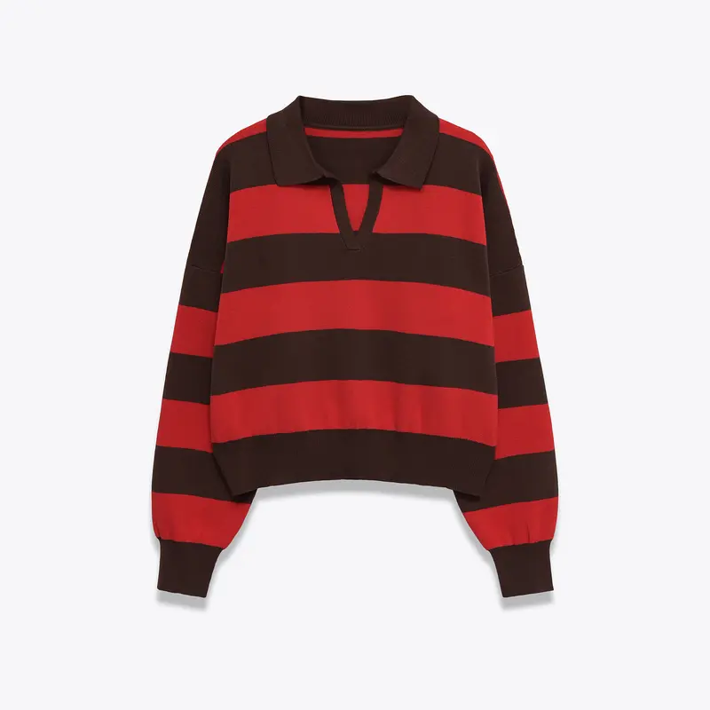 Damen Cropped Oversize Rugby-Pullover mit Polokragen und tiefem V‑Ausschnitt Drune