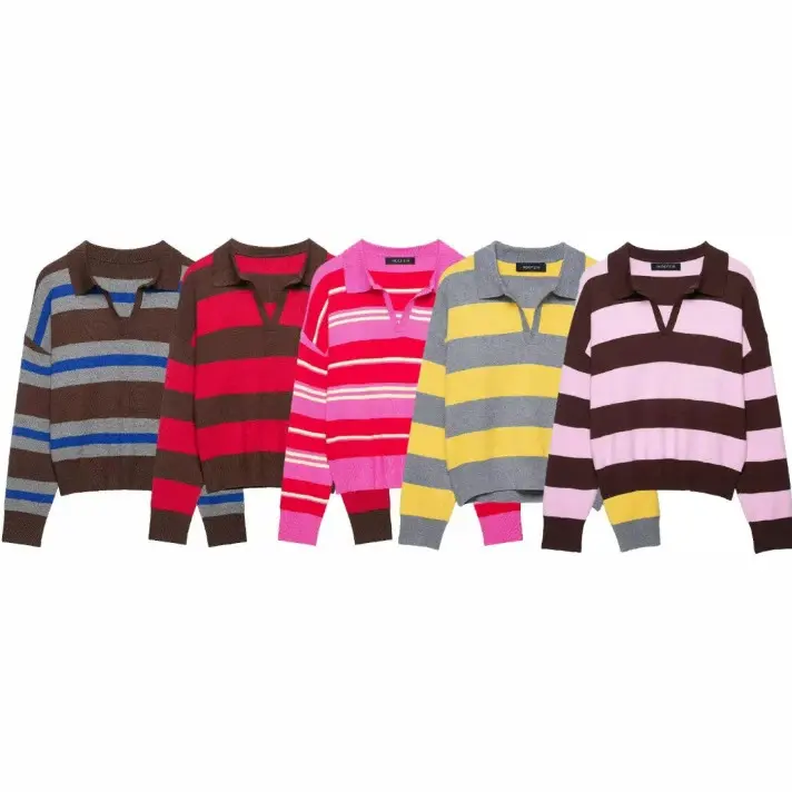 Damen Cropped Rugby-Strickpullover mit Kentkragen und V‑Ausschnitt Drune