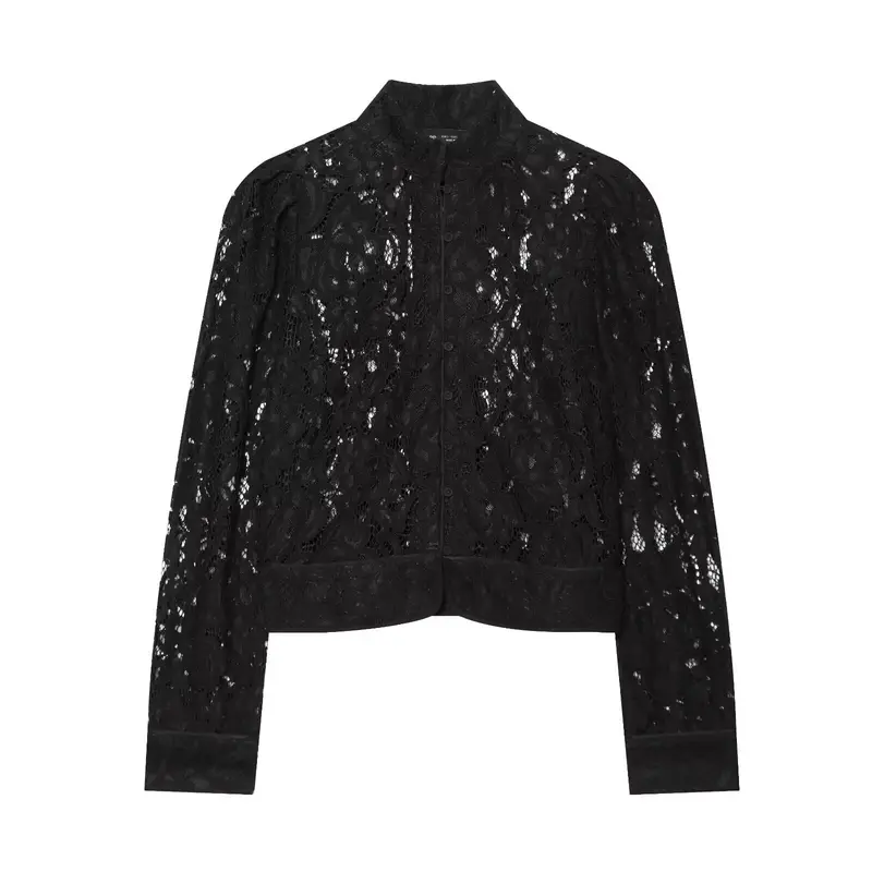 Damen Cropped‑Spitzenjacke mit Stehkragen, floraler Spitze und durchgehender Knopfleiste Drune
