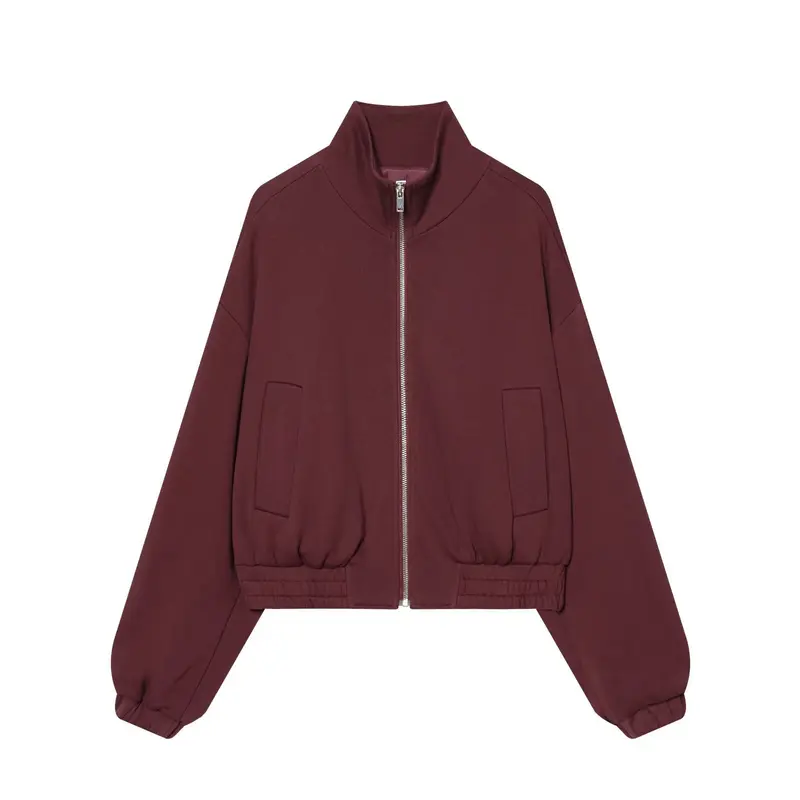 Damen Cropped Sweat-Bomberjacke mit hohem Stehkragen und elastischem Taillenbund Drune