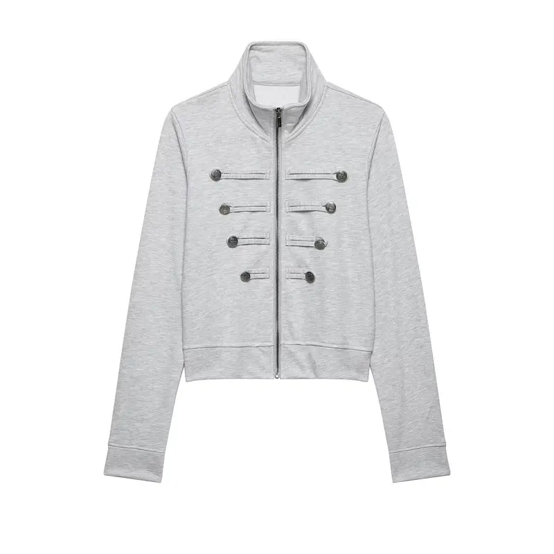 Damen Cropped-Sweatjacke mit Stehkragen und dekorativer Zierknopfleiste Drune