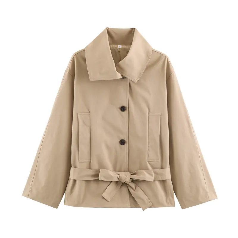 Damen Cropped Taillierte Übergangsjacke mit Bindegürtel und übergroßem Hemdkragen Drune