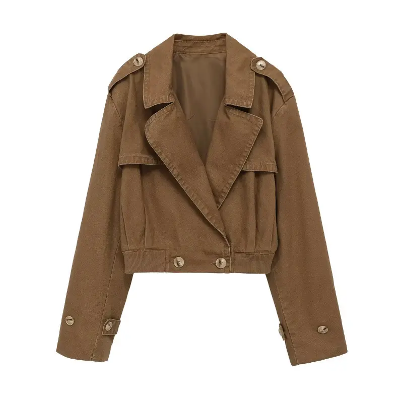 Damen Cropped Trench‑Blousonjacke mit doppelreihiger Knopfleiste, Schulterpatten und elastischem Saum Drune