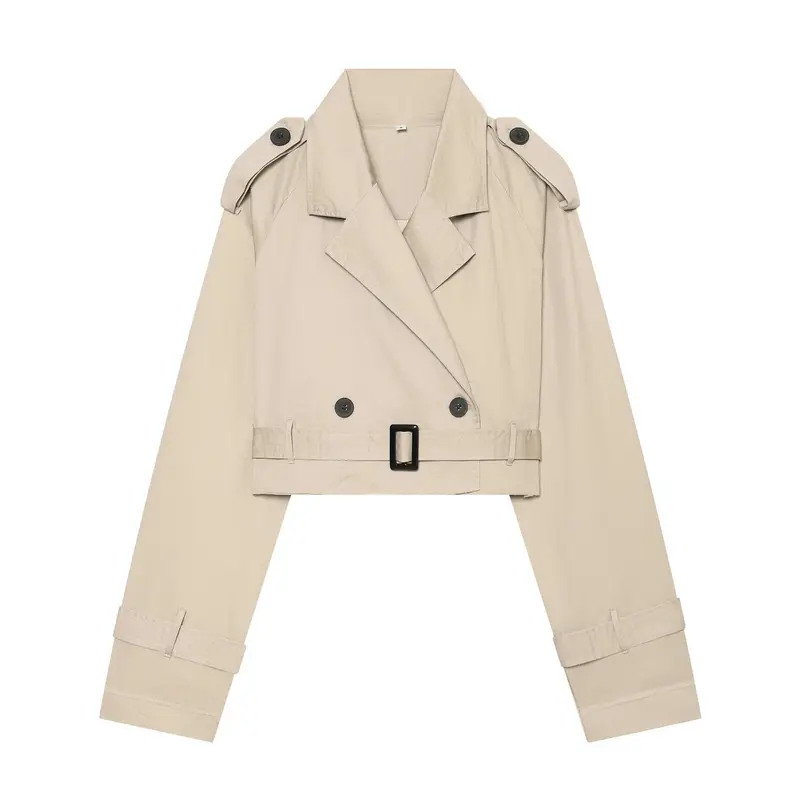 Damen Cropped-Trenchcoat mit doppelreihiger Knopfleiste, Schulterklappen und Taillengürtel Drune