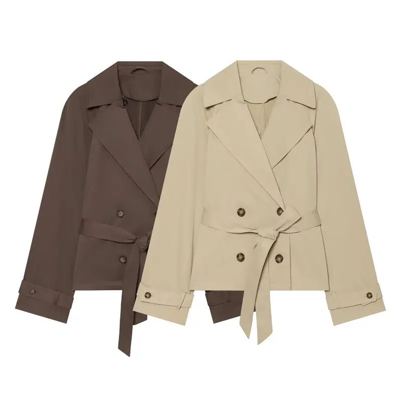 Damen Cropped Trenchjacke im Boxy‑Schnitt mit breitem Revers und Bindegürtel Drune