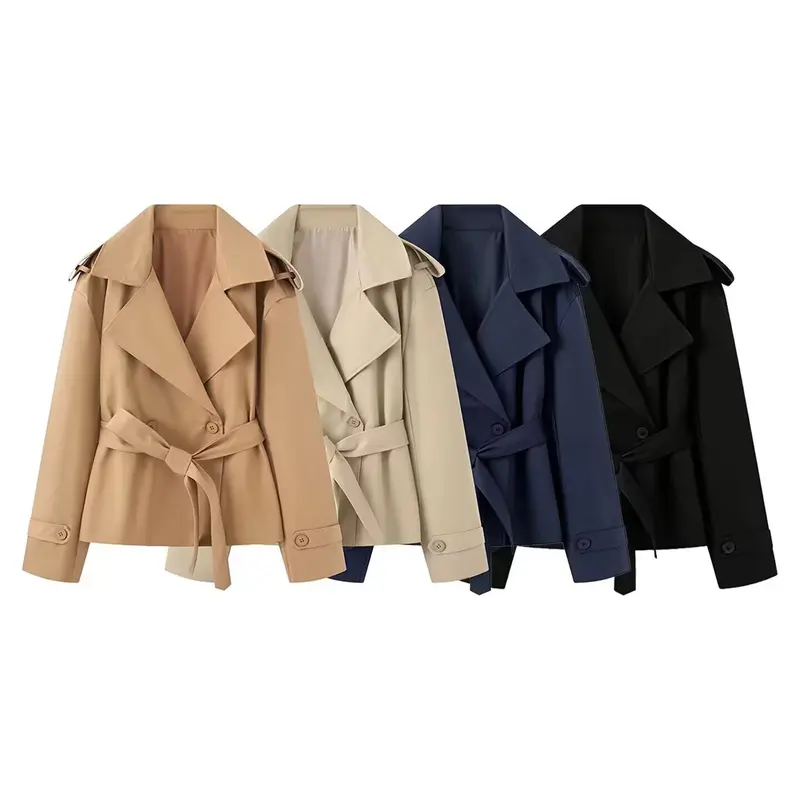 Damen Cropped-Trenchjacke mit weitem Schalkragen und Taillenbindegürtel Drune