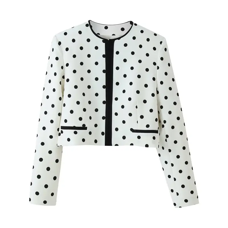 Damen Cropped‑Übergangsjacke im Polka‑Dot‑Design mit rundem Ausschnitt und kontrastierter Blendenverarbeitung Drune