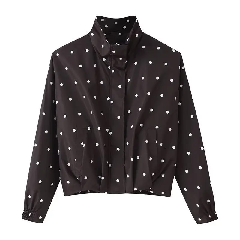 Damen Cropped-Übergangsjacke im Polka‑Dot-Design mit Stehkragen und elastischen Bündchen Drune