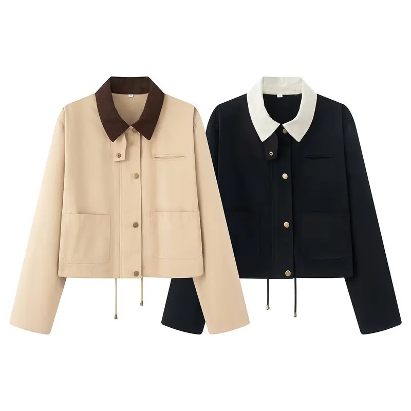 Damen Cropped Übergangsjacke im Workwear‑Look mit Cordkragen, Druckknopfleiste und Tunnelzug Drune
