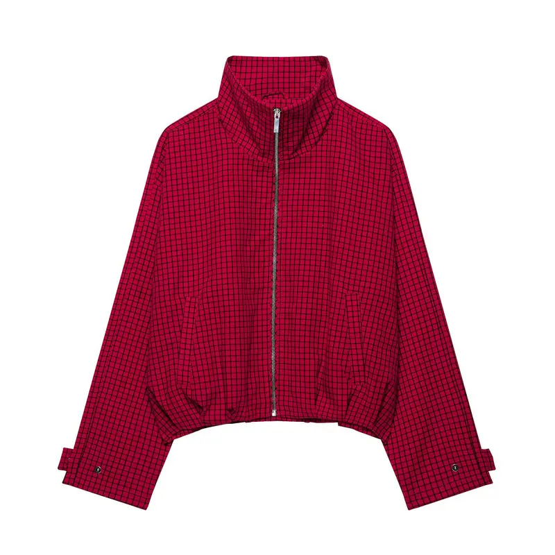 Damen Cropped Übergangsjacke mit hohem Stehkragen, Karomuster und elastischem Saum Drune