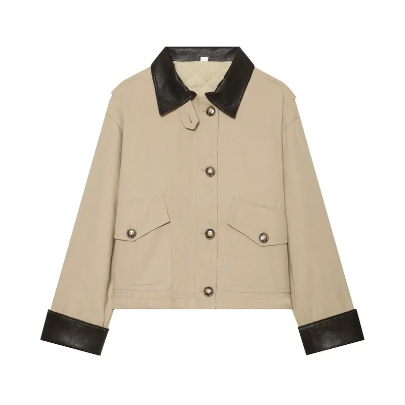 Damen Cropped Utility‑Jacke mit gesteppter Innenseite und kontrastierendem Lederkragen Drune
