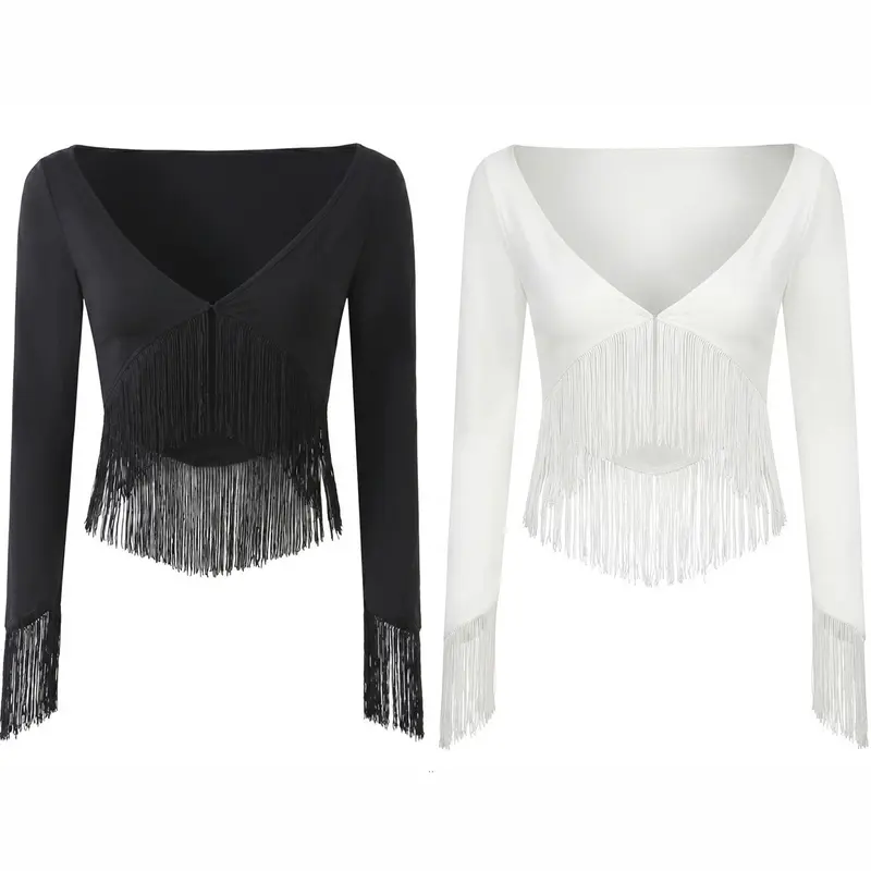 Damen Cropped V‑Neck Oberteil mit langen Ärmeln und dekorativem Fransenbesatz Drune