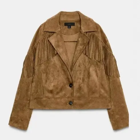 Damen Cropped Velours-Fransenjacke mit Reverskragen Drune