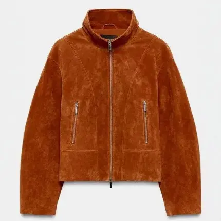 Damen Cropped-Veloursjacke im minimalistischen Design mit Stehkragen, Ziernähten und Reißverschlusstaschen Drune