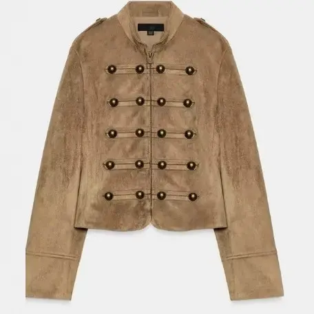 Damen Cropped Velourslederblouson im Military‑Look mit dekorativer Paradeknopfleiste Drune